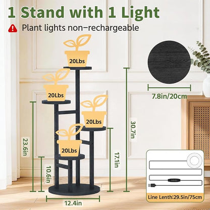 ASZOLA 4 Tiered Wood Plant Stand Indoor Corner with Grow Lights, Flower Holder Rack Tall for Multiple Plants, Rustic Planter Shelf Display for Patio Garden Balcony Living Room, Black