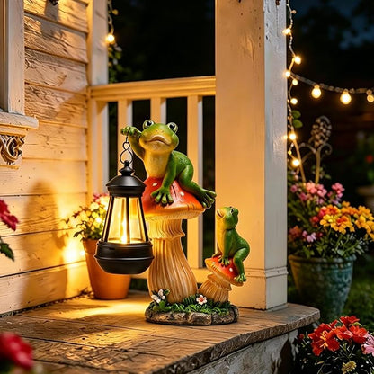 Garden Frogs Statue, Large Funny Frogs Figurine Climbing on Mushroom and Holding a Solar LED Lantern Resin Ornament for Patio Yard Lawn Porch Outdoor Decor, Women/Gardening Decoration Gifts