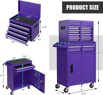 Goplus Purple Tool Chest, 5 Drawers Rolling Tool Cabinet w/Detachable Top Toolbox, Universal Lockable Wheels,Lock Bar,Protective Liner,Tool Rack, Metal Tool Storage Cart, Tool Box for Garage Workshop