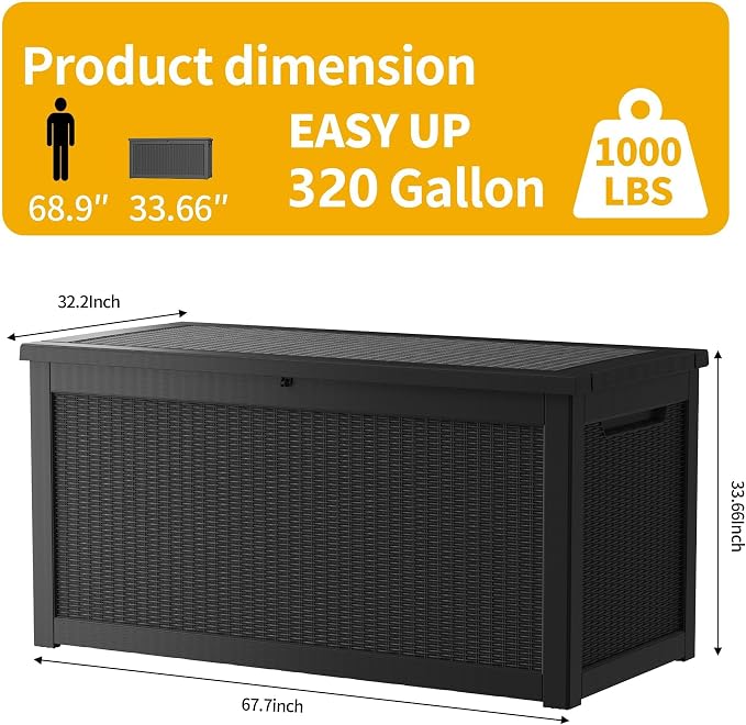 Outdoor Storage Box, 320 Gallon Waterproof Deck Box, Dual Gas-Spring Ultimate Resin Organizer for King Cushions, Heavy-Duty Lockable Estate Storage Bench, Backyard BBQ, Black