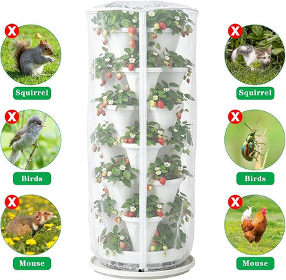 24"x59"Vertical Plant Pot Insect Netting with Zipper for Strawberry Planter | 2 Pcs Stackable 6-7 Tier Planter Pot Insect Mesh Protection for Herb Flower Fruit Vegetable, Front and Rear Two Zippers
