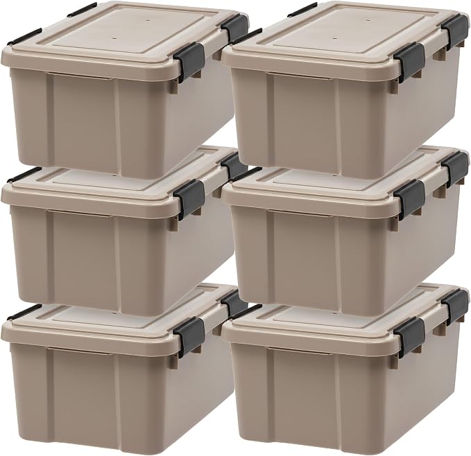 IRIS USA 6-Pack WeatherPro Gasket Box, 19 Quart Weather Resistant Storage Bins with Latching Lids, Heavy Duty Organizing Containers for Closet, Bathroom, and Office - Tan
