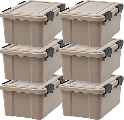 IRIS USA 6-Pack WeatherPro Gasket Box, 19 Quart Weather Resistant Storage Bins with Latching Lids, Heavy Duty Organizing Containers for Closet, Bathroom, and Office - Tan