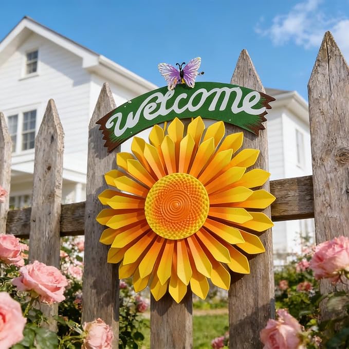 1 Pcs Metal Hanging Wind Spinners with Welcome Sign, 11.8 inch, Orange | Metal Sunflower Welcome Sign with Butterfly, Outdoor metal wall art decor, outside wall art Gardon decoration