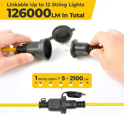 50FT Construction String Lights: 75W Ultra-bright 10500 lumens Linkable ETL Listed 18AWG Wire Industrial Outdoor Temporary Lighting IP65 Waterproof Hanging Led Work Light for Attic Jobsite Garage | Linkable Up to 12 sets, 140 LM/W, 18/2 SJTW Cord, IP65...