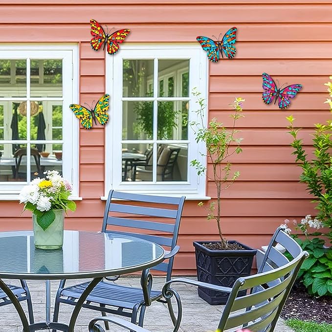 Metal Butterfly Wall Decor - 9.6" Outdoor Fence Wall Art Decor, Hanging Decoration for Garden Yard Living Room Bedroom Patio Balcony(4 Pack)