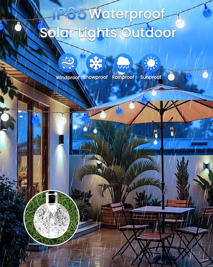 2-Pack 64FT 100 LED Blue and White Crystal Globe Solar String Lights Outdoor, Waterproof Solar Powered Lights for Outside, 8 Lighting Modes Patio Decorations for Garden Yard Wedding Porch Party Tree