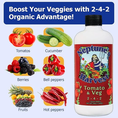 Neptune’s Harvest Organic Tomato & Vegetable Plant Fertilizer (2-4-2) - Liquid Plant Food w/Fresh Fish, Seaweed, Molasses, Yucca Extract, & Humic Acids - for Vegetable Garden (Quart (Single))