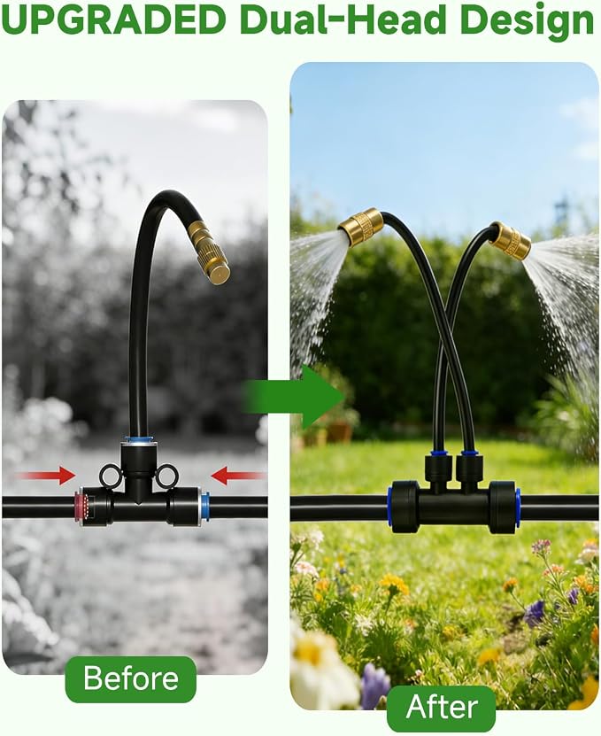 66FT Drip Irrigation System with Timer, Automatic Watering System Kit with Solid Brass Metal Connectors, 360° Dual‑Outlet Adjustable Nozzles for Garden, Yard, Lawn, Greenhouse & Potted Plants