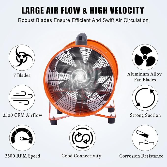 Garvee 12 in Utility Blower Exhaust Fan with 16.4 ft Duct, 3500 CFM Heavy Duty Industrial Blower Ventilation Fan, High Velocity Low Noise Extraction for Ventilating Workshops, Confined Space
