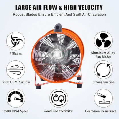 Garvee 12 in Utility Blower Exhaust Fan with 16.4 ft Duct, 3500 CFM Heavy Duty Industrial Blower Ventilation Fan, High Velocity Low Noise Extraction for Ventilating Workshops, Confined Space
