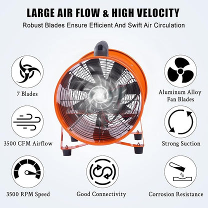 12 in Utility Blower Exhaust Fan with 32.8 ft Duct, 3500 r/min & 3500 CFM Heavy Duty Blower Fan, High Velocity Low Noise Extraction and Ventilation Fan for Ventilating Workshops, Confined Space
