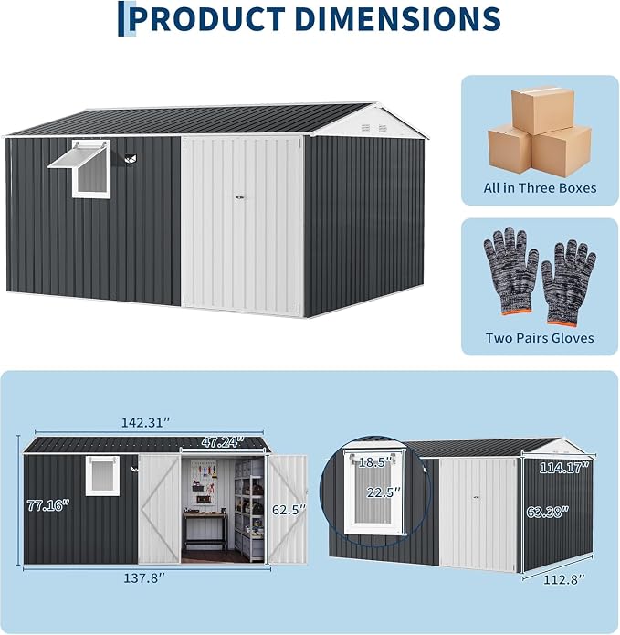 Garvee 10 x 12 FT Heavy-Duty Metal Outdoor Storage Shed with Motion Sensor Solar Light and Window,Pegboard Tool Organizer, Lockable Doors and 4 Air Vents, Garden Shed for Patio, Garage, Backyard