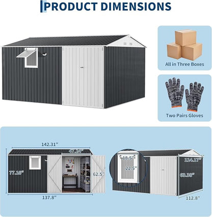 Garvee 10 x 12 FT Heavy-Duty Metal Outdoor Storage Shed with Motion Sensor Solar Light and Window,Pegboard Tool Organizer, Lockable Doors and 4 Air Vents, Garden Shed for Patio, Garage, Backyard