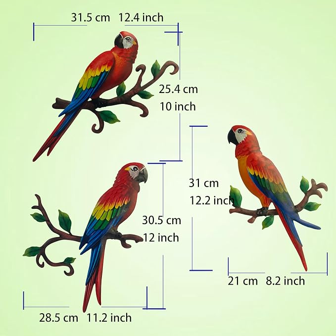 Limygus 3 Pack Colorful Tropical Metal Parrot Wall Art, Indoor Outdoor Hanging Decor for Garden Yard Balcony Bedroom