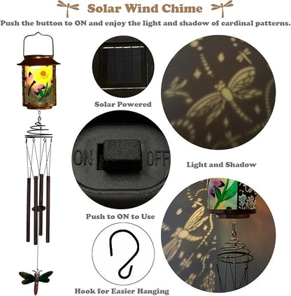 Solar Wind Chimes for Outdoor, Dragonfly Garden Decorations Memorial Wind Chimes Deep Tone, Sympathy Windchimes for Outside Garden Décor, Gifts for Mom, Grandma-Dragonfly