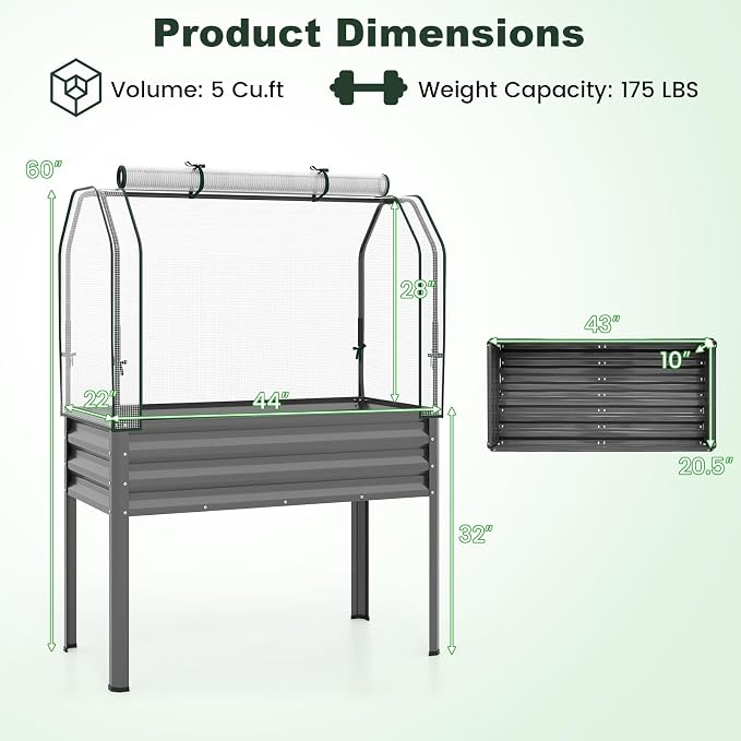 Giantex Raised Garden Bed with Legs & Greenhouse Cover, 44x22x60 Elevated Metal Planter Box with Roll-up Door, Outdoor Mini Greenhouse for Vegetable Flower Herb Patio Balcony (Gray,2)