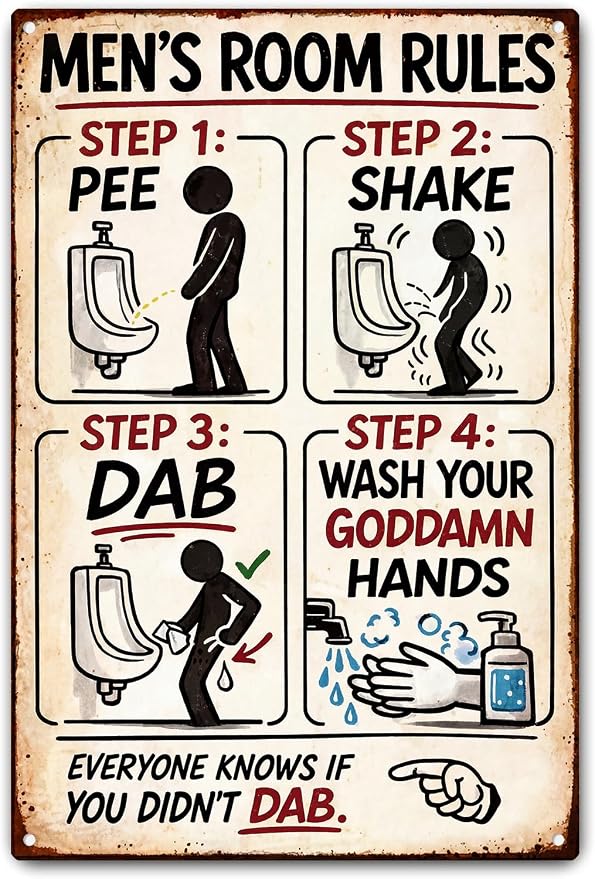 Men's Room Rules Funny Metal Sign, Vintage Bathroom Humor Wall Decor, Retro Restroom Step Guide Plaque for Man Cave Garage Bar Home Bathroom Decor 8x12 Inch