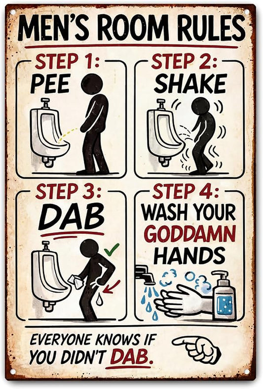 Men's Room Rules Funny Metal Sign, Vintage Bathroom Humor Wall Decor, Retro Restroom Step Guide Plaque for Man Cave Garage Bar Home Bathroom Decor 8x12 Inch