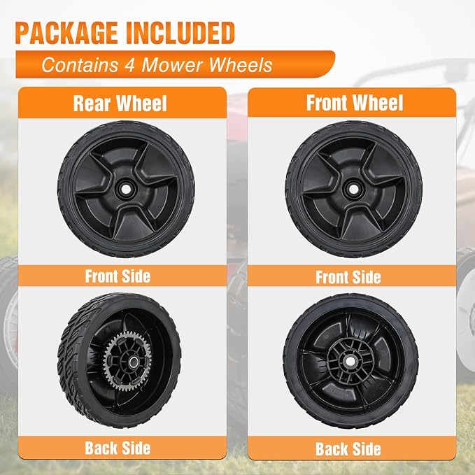 Yesker Lawn Mower Wheels Replacement 8 Inch, 2 Rear 42710-VR8-N00ZA and 2 Front 44710-VR8-N00ZA, Honda Lawnmower Wheels Compatible with HRN216 Series for Self-Propelled Walk-Behind, 4-Pack