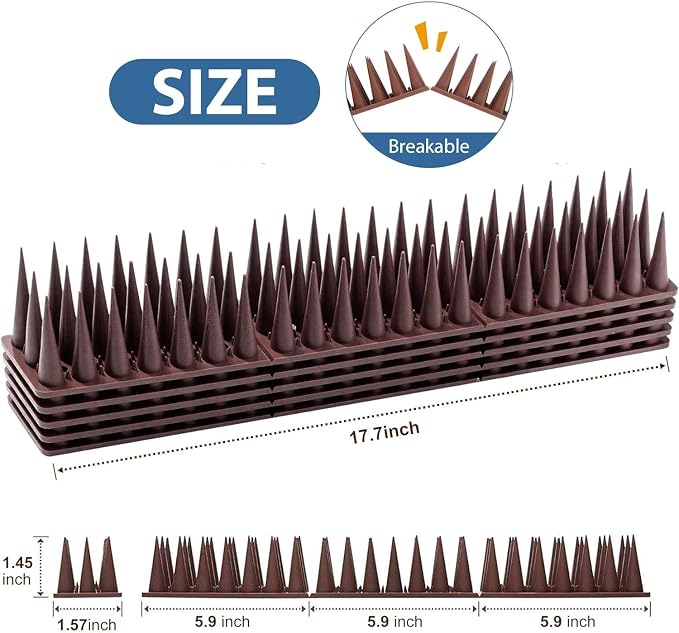 Defender Spikes for Bird, Cat, Pigeon and Small Animals 8pack- Protect Your Sofa, Garden, Outdoor Walls, Plastic Security Fence Spikes- Brown