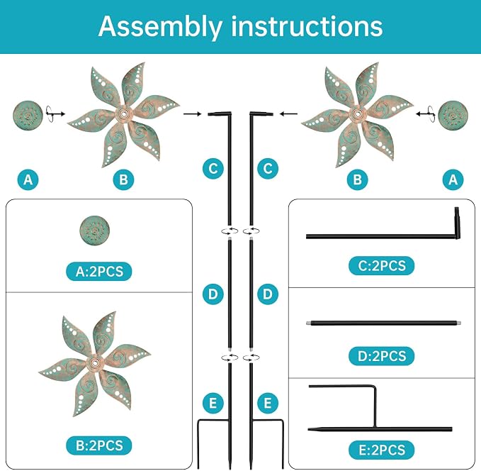 2 Pack Wind Spinners Outdoor Metal Vintage Green, Waterproof Wind Sculptures Garden Pinwheels & Decorative Stakes, Small Windmills for Yard Lawn Patio Outdoor Garden Decor (Type 35)