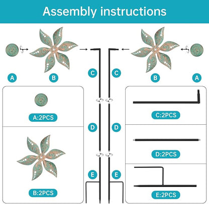 2 Pack Wind Spinners Outdoor Metal Vintage Green, Waterproof Wind Sculptures Garden Pinwheels & Decorative Stakes, Small Windmills for Yard Lawn Patio Outdoor Garden Decor (Type 35)