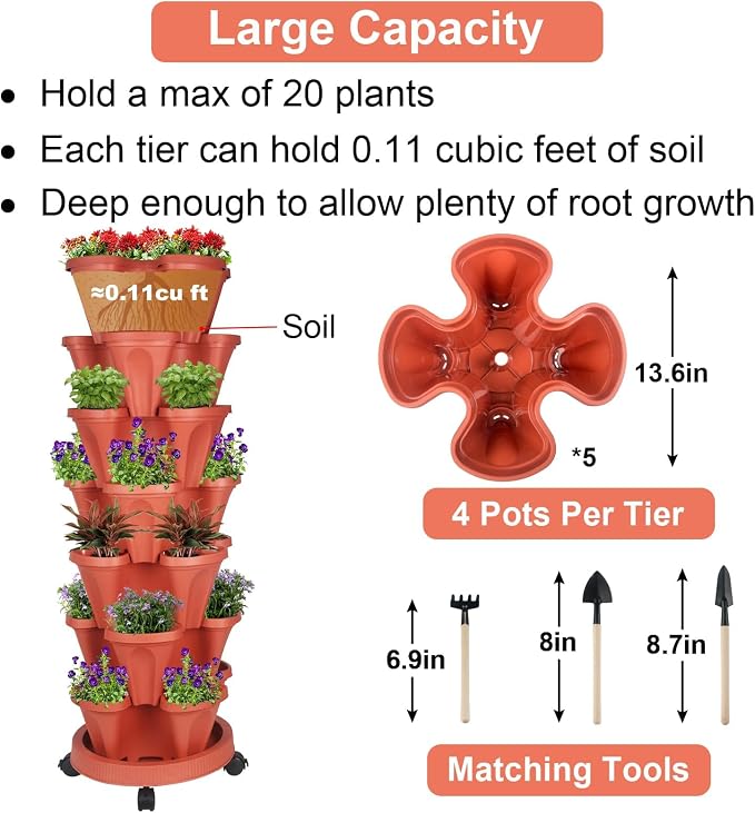 GameXcel Vertical Planter Tower - 7 Tier Stackable Garden Planters with Wheels and Tools Plant Pots for Strawberry Herb Flower and Vegetable Indoor Outdoor Use Red
