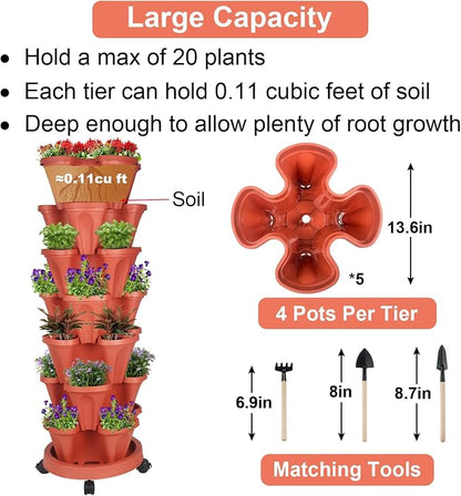 GameXcel Vertical Planter Tower - 7 Tier Stackable Garden Planters with Wheels and Tools Plant Pots for Strawberry Herb Flower and Vegetable Indoor Outdoor Use Red