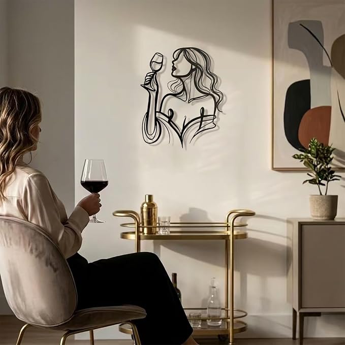 LIYAOLI 3D Metal Wall Sculpture Decor - Black Wall Art of Woman Drinking Wine, Waterproof Kitchen Line Art, Unique Modern Metal Art for Dining Room, Bar, Living Room, Bedroom