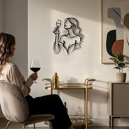 LIYAOLI 3D Metal Wall Sculpture Decor - Black Wall Art of Woman Drinking Wine, Waterproof Kitchen Line Art, Unique Modern Metal Art for Dining Room, Bar, Living Room, Bedroom