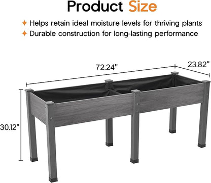 SPECRAFT 72x24x30in Raised Garden Bed with Legs, 8.4 Cu Ft Wooden Planter Box with Drainage Holes & Liner, Outdoor for Patio Backyard Gardening, Gray