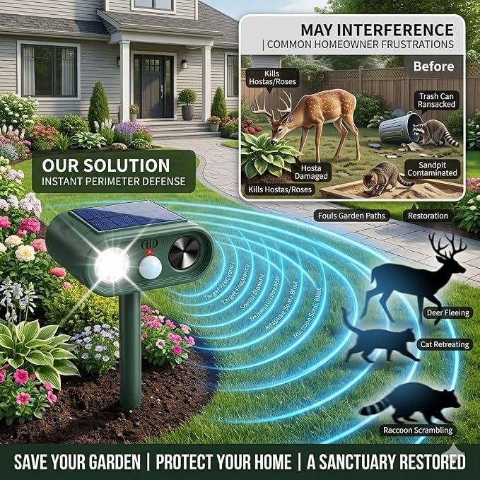 4 Pack Ultrasonic Deer Repellent for Plants Garden Solar Animal Repellent Outdoor with Motion Sensor & Strobe Light for Rabbit Cat Deterrent Raccoon Squirrel Fortress Pro Keep Pests Out of Yard Farm