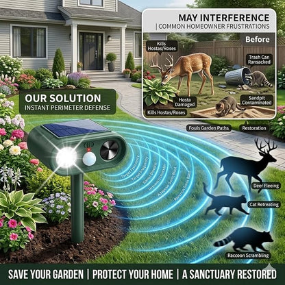 4 Pack Ultrasonic Deer Repellent for Plants Garden Solar Animal Repellent Outdoor with Motion Sensor & Strobe Light for Rabbit Cat Deterrent Raccoon Squirrel Fortress Pro Keep Pests Out of Yard Farm