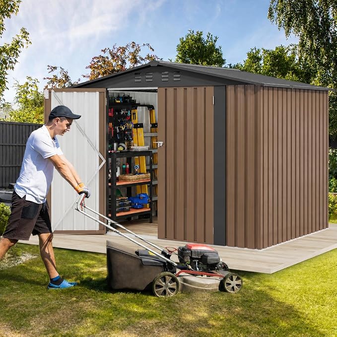 DWVO 7'x5' Large Metal Outdoor Storage Shed, Heavy Duty Tool Storage Sheds for Backyard Patio Lawn - Ideal for Bicycles, Garden Tools, and Lawn Equipment, Easy-to-Assemble, Brown