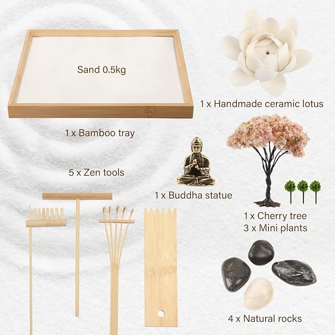 Mini Zen Garden for Desk Buddha | 11 x 7.5 in Desktop Sand Tray with Buddha, Japanese Meditation Gift Set for Home, Office, Therapy Room & Desk Decor