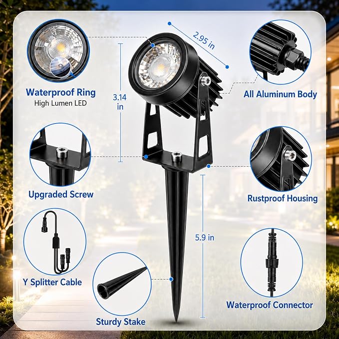 Plug and Play Low Voltage Landscape Lighting Kit with Extension Cables, 8Pack 65FT Wired Landscape Lights with Smart Transformer, Warm White Waterproof Outdoor LED Spotlights for Yard, Garden, Pathway