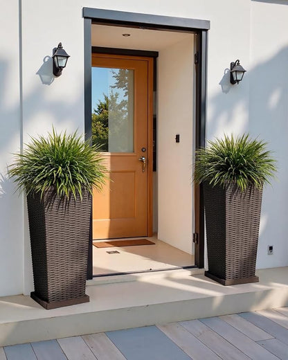 Greesum Set of 2 Tall Plastic Planters with Saucer, 30 Inch Large Pots with Drainage Trays, Weather-Resistant Plastic Plant Containers for Patio, Porch, Garden,Brown