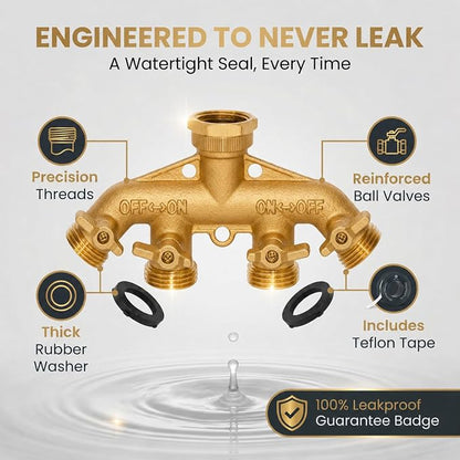 Morvat Brass 4-Way Splitter LEAD-FREE, Heavy-Duty Garden Hose Manifold Connector with Improved Comfort Grip ON/OFF Valves, Adapter for Water Faucet & Spigot, Includes 8 Washers, Teflon Tape (1-Pack)