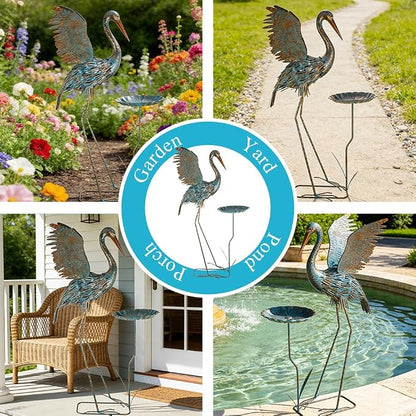 Large Heron Outdoor Statues with Leaf Tray | Waterproof Crane Garden Statue for Outside, Elegant Metal Crane Yard Art Garden Decor for Garden Yard, Porch