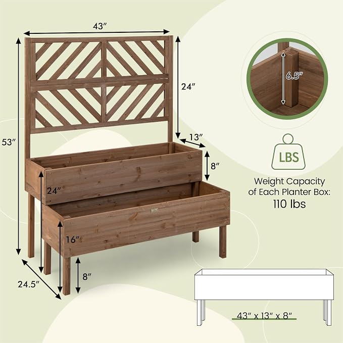 ORALNER Raised Garden Bed with Trellis, 43” x 24.5” x 53” Outdoor 2-Tier Wooden Planter Box with Drainage Holes, Elevated Garden Trellis Planter for Vine Flower Herb Fruit Vegetable (Brown)