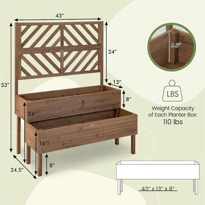 ORALNER Raised Garden Bed with Trellis, 43” x 24.5” x 53” Outdoor 2-Tier Wooden Planter Box with Drainage Holes, Elevated Garden Trellis Planter for Vine Flower Herb Fruit Vegetable (Brown)