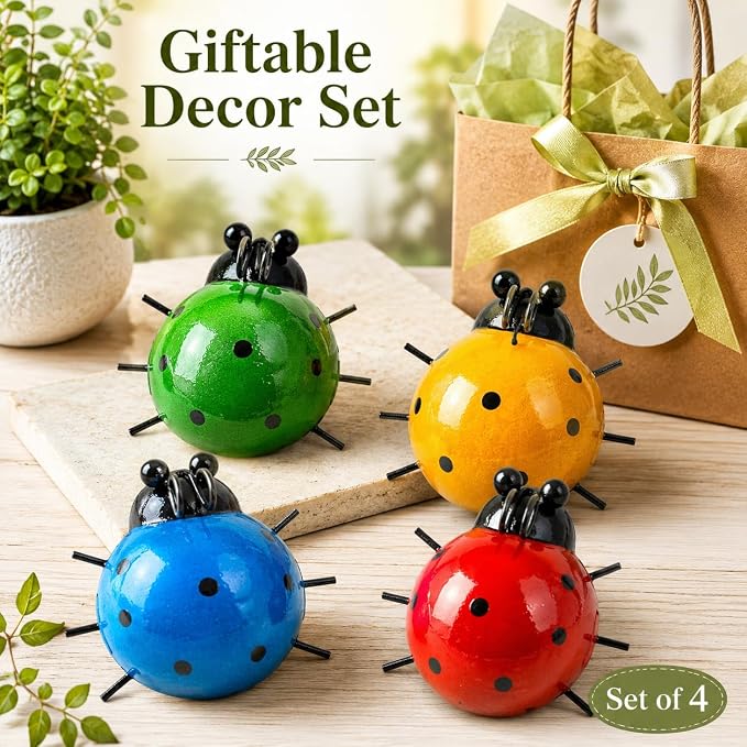 MACLARONX Metal Ladybugs Outdoor Yard Art Garden Fence Decor Set of 4 Cute Lady-Bugs Wall Sculptures Colorful 3D Ornaments for Backyard Balcony Patio