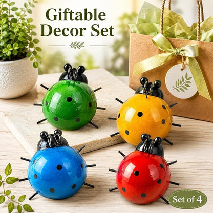 MACLARONX Metal Ladybugs Outdoor Yard Art Garden Fence Decor Set of 4 Cute Lady-Bugs Wall Sculptures Colorful 3D Ornaments for Backyard Balcony Patio