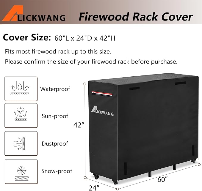 5ft Firewood Rack Cover,Heavy Duty 600D Waterproof Outdoor Firewood Storage Rack Covers,All Weather Protection Outdoor Firewood Rack Covers.24 D x 60" W x 42" H(Cover Only)