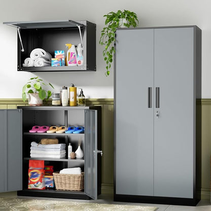 INTERGREAT Metal Storage Cabinet, 72" Locking Steel Cabinets with 2 Door and 4 Adjustable Shelves, Tall Metal Cabinet for Home Office, Garage, Warehouse,(Black+Grey)