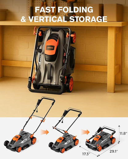 DOVAMAN 13Amp 16" Lawn Mower, 98% Collection, 13.2-Gallon Bag, 5-Position Height Adjustment, 3-Step Quick Vertical Fold Storage, 2-in-1 Mulching & Bagging, Corded Lawn Mower for Your Garden
