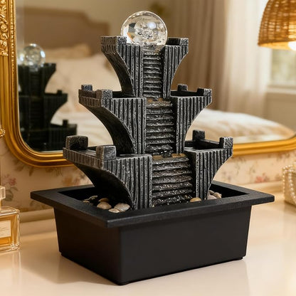 Tabletop Waterfalls Mountain with Pagoda Stepped & Spining Orb, Indoor Soothing Zen Fountain s for Home Office Relaxation