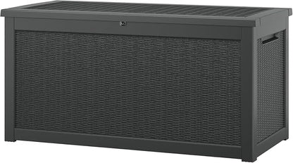 NUNU LAB Outdoor Storage Box, 320 Gallon Deck Box, Resin Waterproof Outside Storage Bench, Outdoor Storage Cabinet With Lockable Lid, Backyard Deck Box For Garden Tools, Patio Cushions, Black