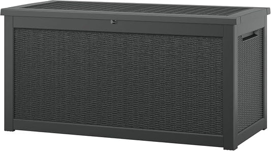 NUNU LAB Outdoor Storage Box, 320 Gallon Deck Box, Resin Waterproof Outside Storage Bench, Outdoor Storage Cabinet With Lockable Lid, Backyard Deck Box For Garden Tools, Patio Cushions, Black